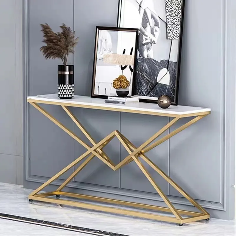 Mesa de console com tampo de mármore e estrutura de aço inoxidável dourado em forma de grama para decoração de corredor de hotel