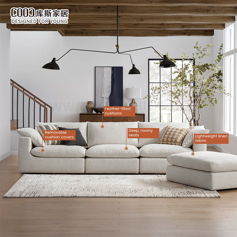 Sofá Modular Seccional de Tecido Branco Moderno 3 Lugares para Sala de Estar Confortável Conjunto de Sofás Nuvem