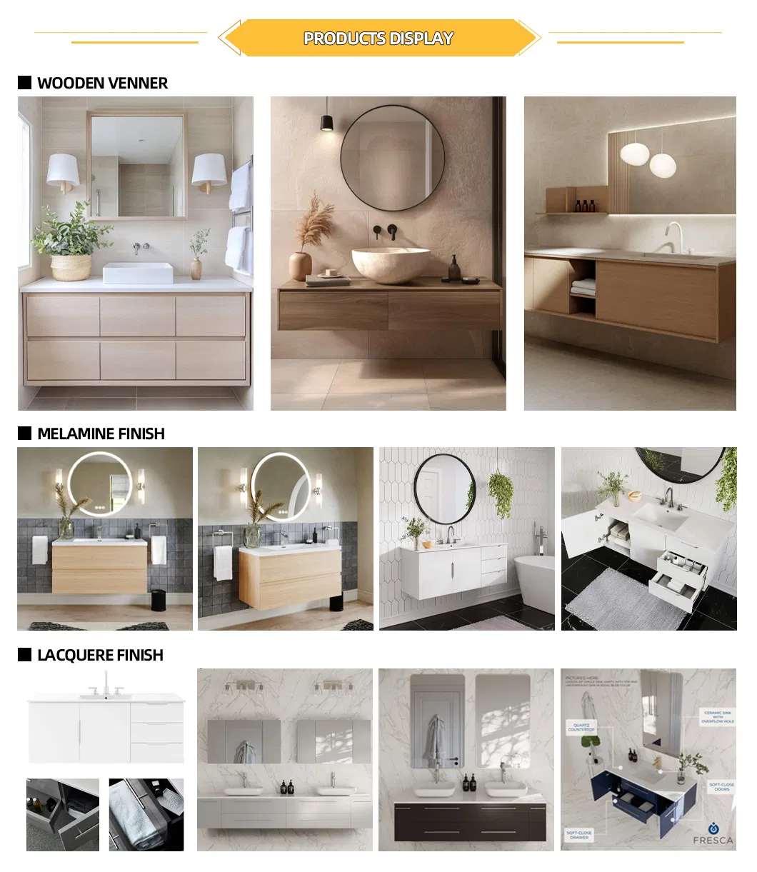 Dobradiça de armário personalizada de fábrica, acabamento fino, economia de espaço, painel espesso, cor personalizada, acabamento laqueado, durável, à prova d'água, design moderno para vaidade