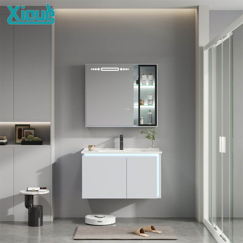 Armários de Armazenamento Modernos para Montagem na Parede Móveis Flutuantes Espelho de Banheiro com Vanity e LED