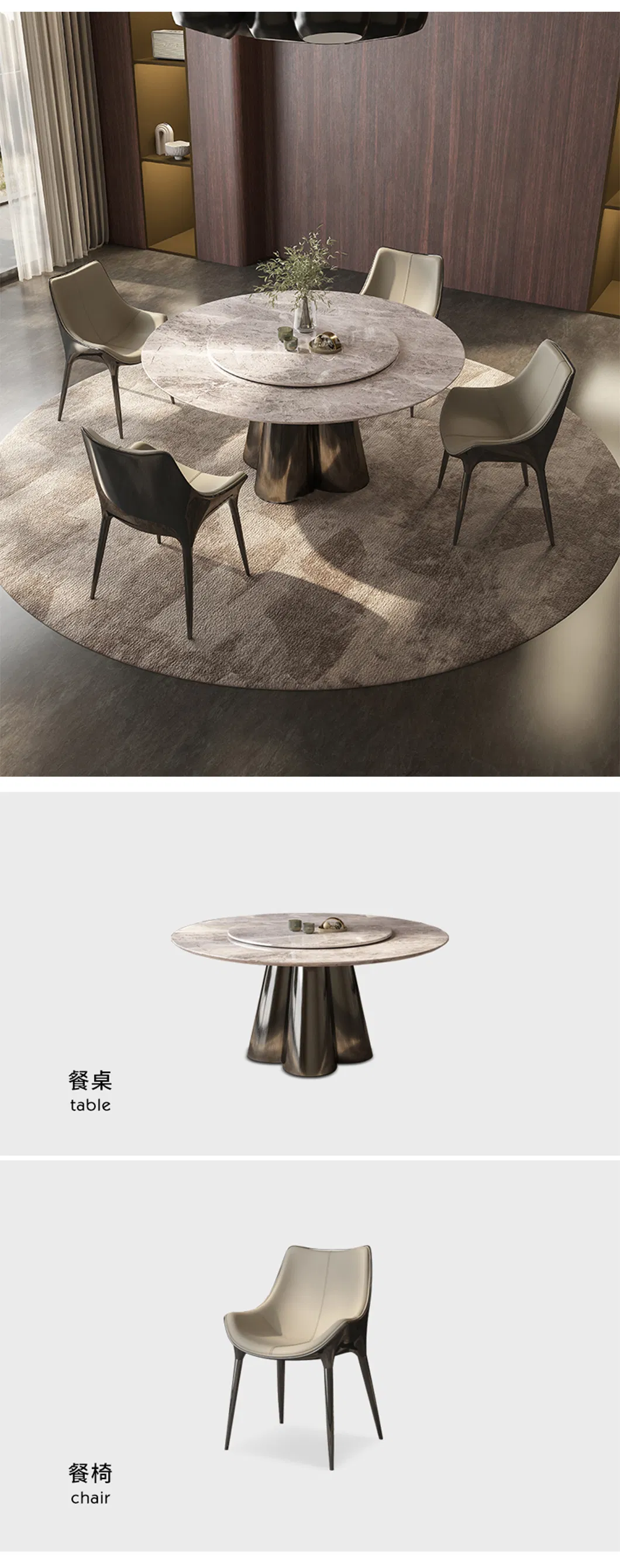 Conjunto de Mesa de Jantar com Tampão de Pedra Sinterizada Branca Redonda e Base de Aço Inoxidável