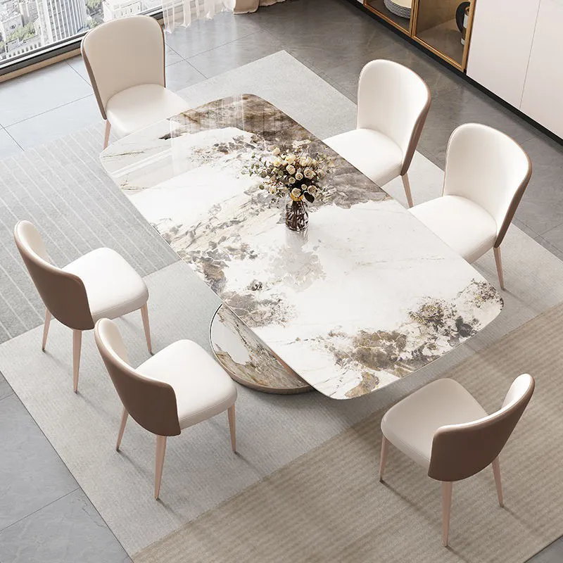 Conjunto de mesas de jantar em mármore Luxury com cadeira em aço inoxidável Base de aço