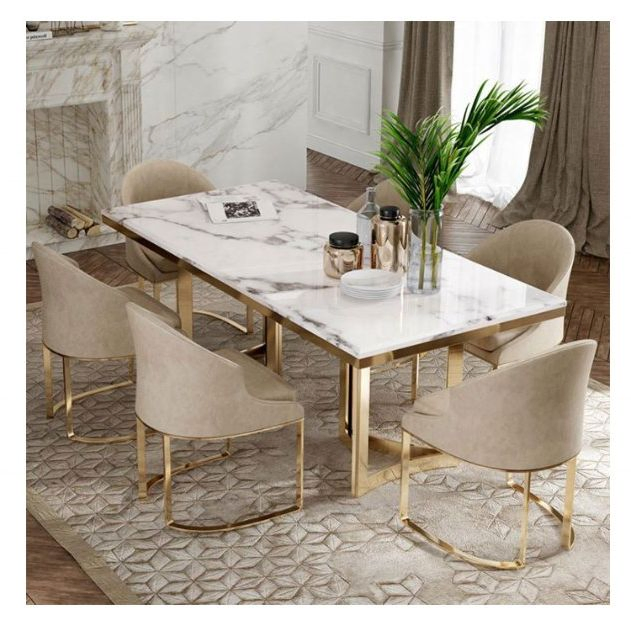 Conjunto de Mesa de Jantar de Luxo Italiana para Sala de Jantar Mesa Quadrada com Topo de Mármore