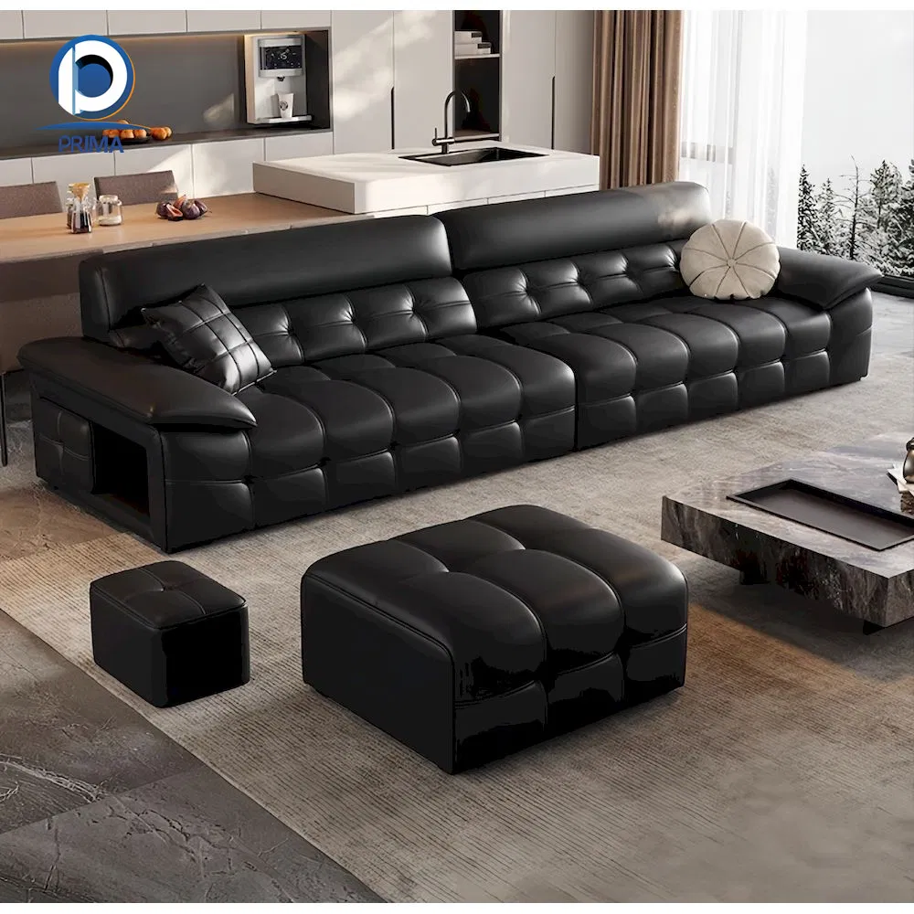 Sofá Seccional Cama Elétrica Modular em Couro Genuíno Preto Meia-Noite