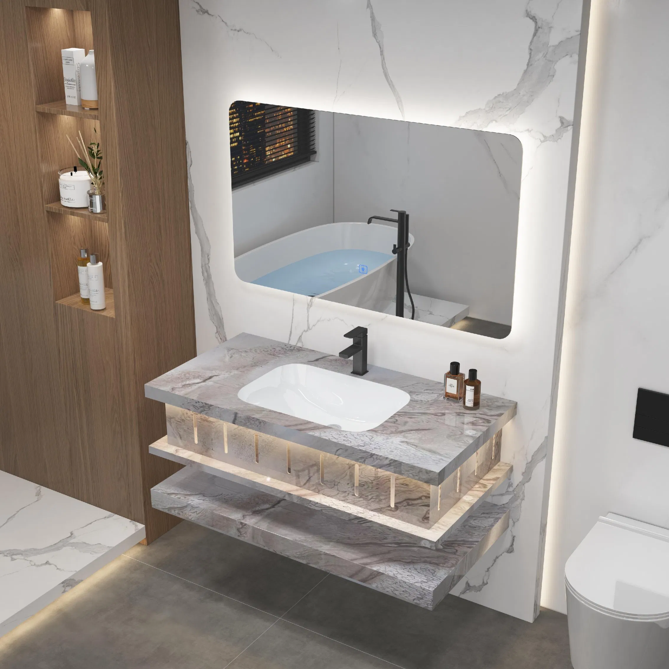 Design de Cor de Mármore Slab Rock Moderno Unidade de Banho Espelho Pia Flutuante Vanidade de Banheiro