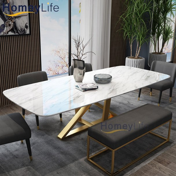 Conjunto de Mesa de Jantar de Luxo Italiana para Sala de Jantar Mesa Quadrada com Topo de Mármore