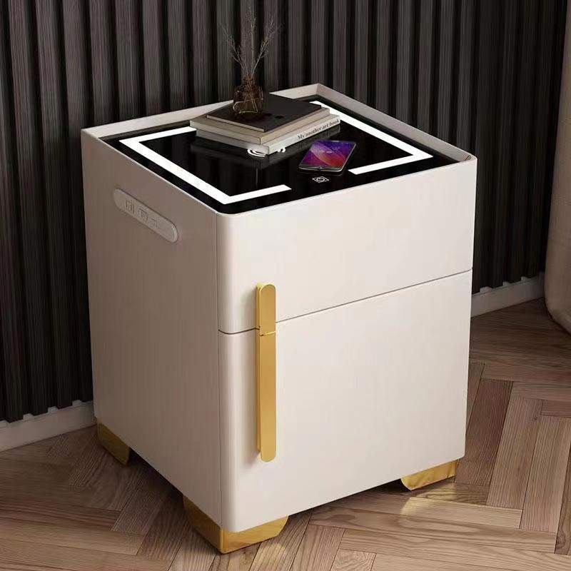 Mesa de cabeceira moderna de luxo em madeira com carregador USB, mesa de cabeceira de couro luxuoso e seguro, mesa de cabeceira inteligente com luz LED e alto-falante