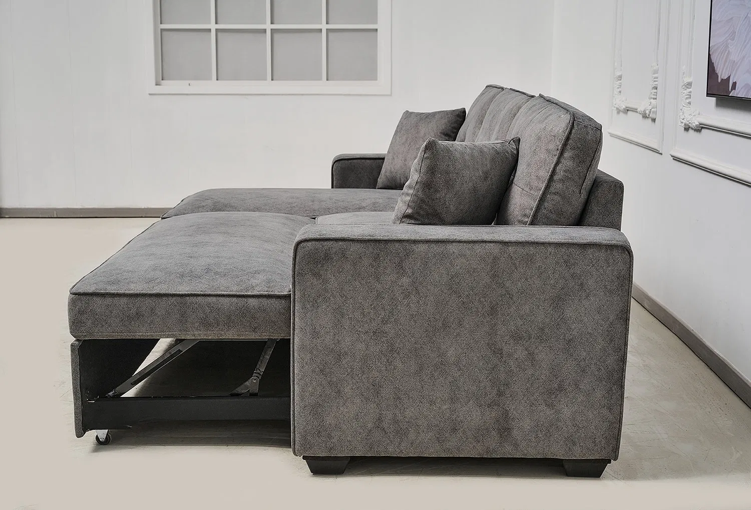 Sofá-cama estofado com chaise de armazenamento, sofá em L