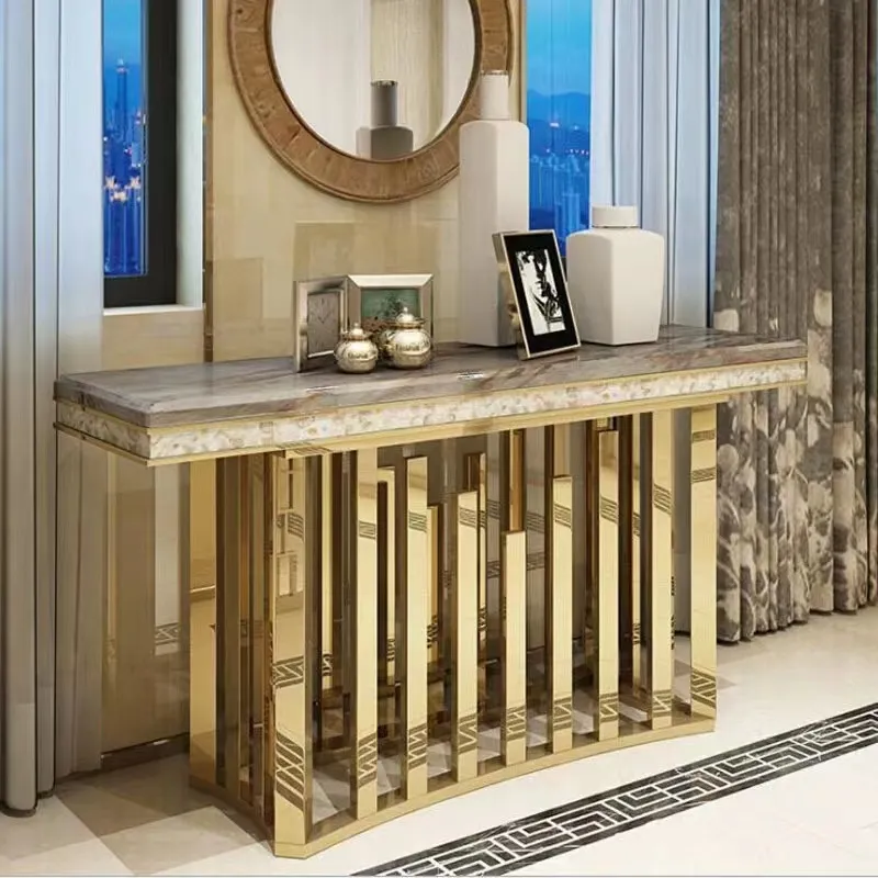 Mesa de Consola Estreita de Mármore Branco com Base de Metal Dourado para Hall de Entrada