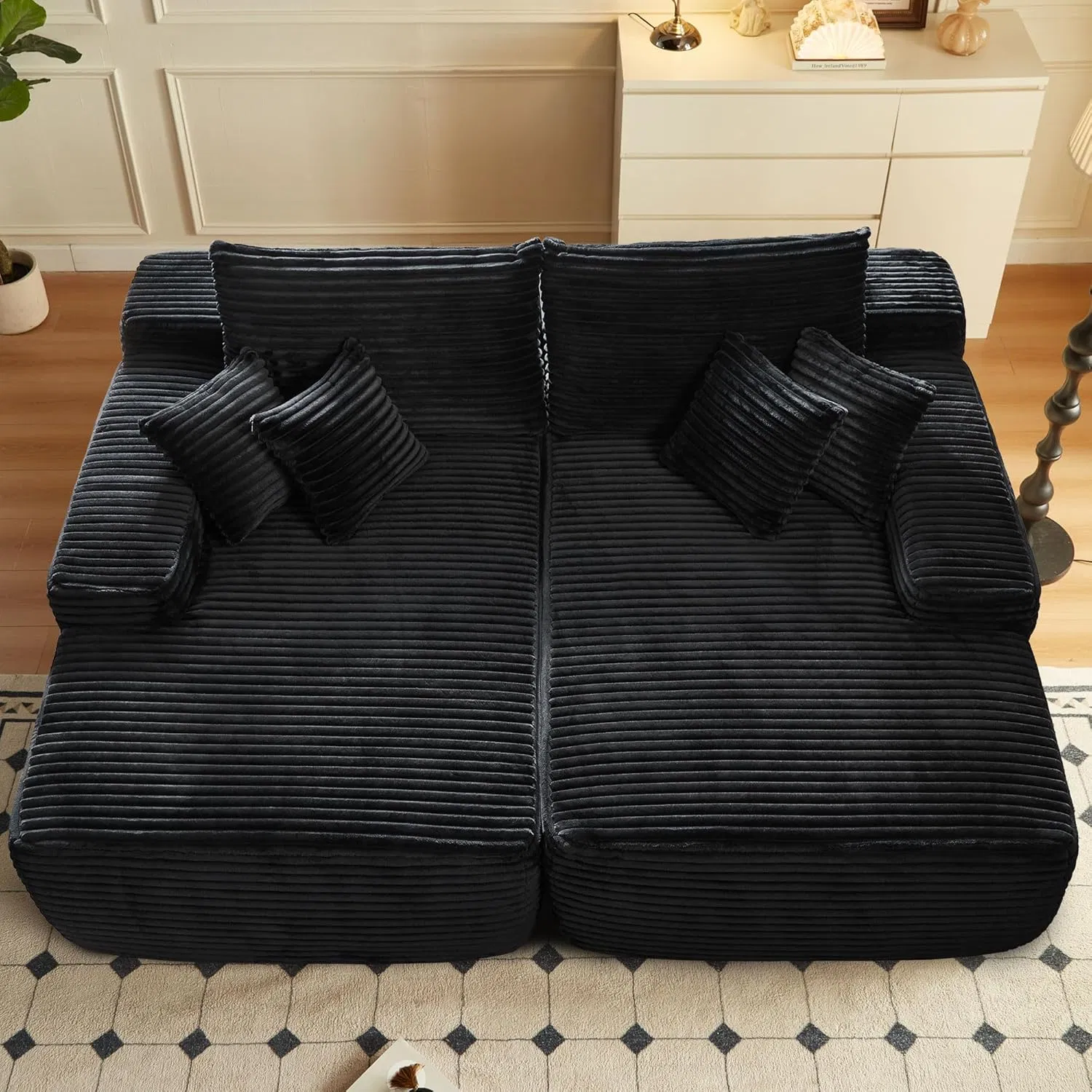 Sofá Comprimido Modular Moderno de Corduroy com Chaise Dupla Sem Ossos e Tamanho Grande