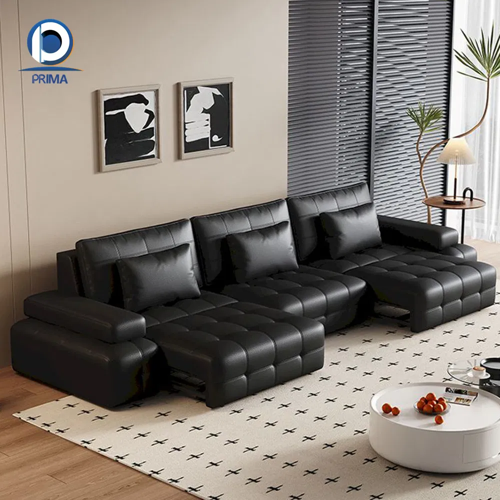 Sofá Seccional Cama Elétrica Modular em Couro Genuíno Preto Meia-Noite