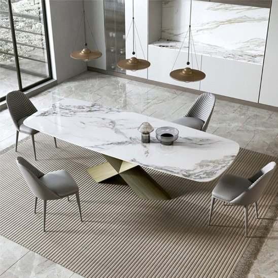 Conjunto de Jantar em Pedra Sinterizada Estilo Italiano com Tampão de Mesa em Pedra Carrara