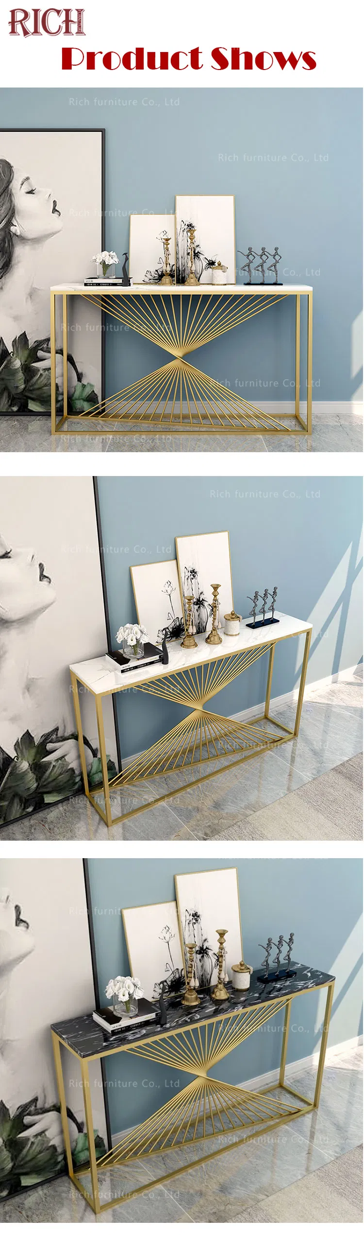 Mesa de Entrada de Mármore Branco com Estrutura de Metal Inoxidável Dourada