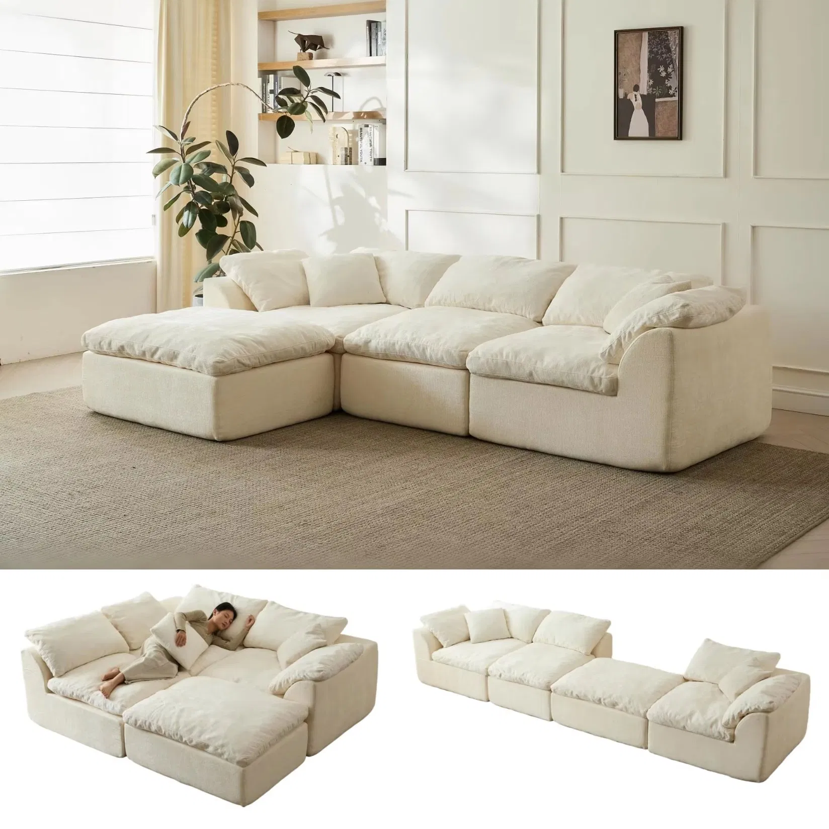 Sofá Compress de Assento Profundo Oversized em Forma de L Moderno 3-Seater