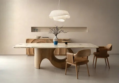 Mesa de Jantar de Mobiliário para Casa Moderna Nórdica em Madeira com Base de Aço Inoxidável e Mármore Natural
