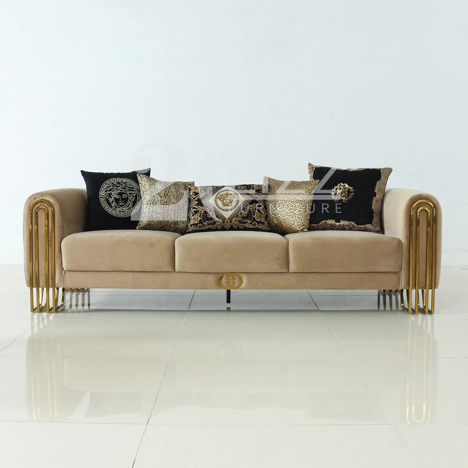 Conjunto de Sofá, Cadeira e Couch de Veludo para Sala de Estar de Luxo Moderno 1 2 3 com Pernas Douradas