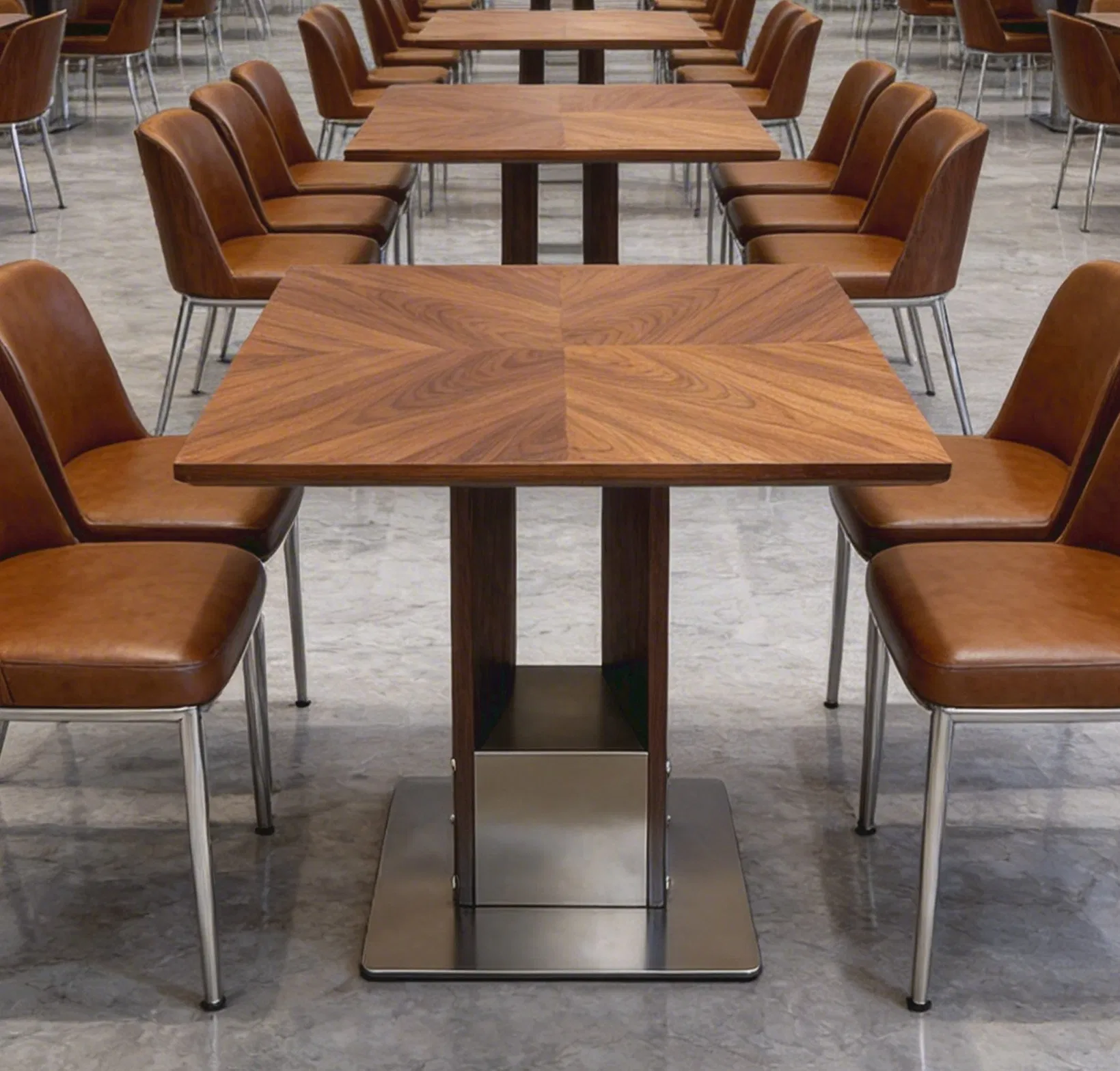 Conjunto de Mesa e Cadeiras de Restaurante em Grão de Noz Luxuoso, Mesa Quadrada de Madeira para Café, Mobiliário de Bistrô com Base Robusta