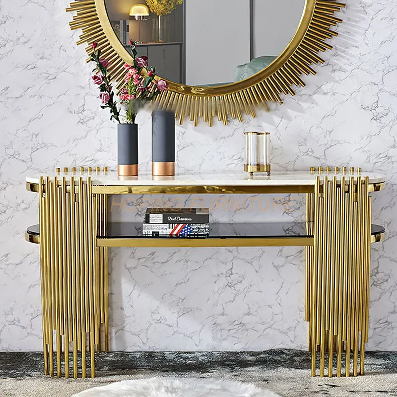 Mesa de console com tampo de mármore e estrutura de aço inoxidável dourado em forma de grama para decoração de corredor de hotel