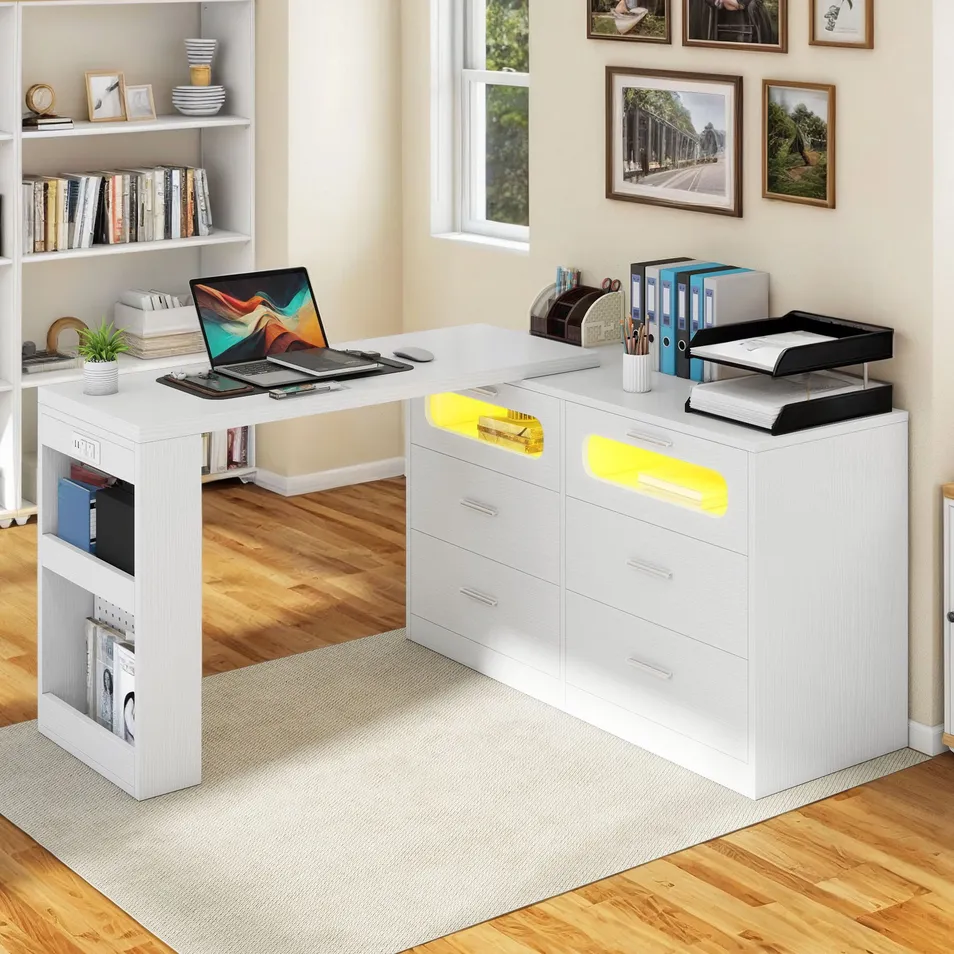 Mesa de Computador em Forma de L Rotativa com Tomadas e Gavetas, Design Minimalista Branco