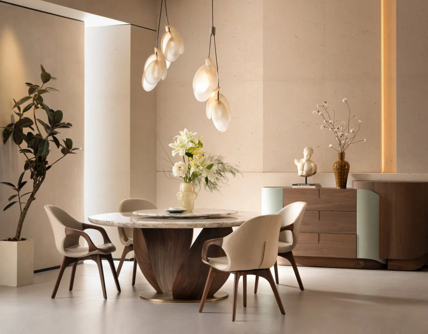 Mesa Redonda de Jantar Moderna em Madeira Sólida Elegante com Mármore Natural de Primavera