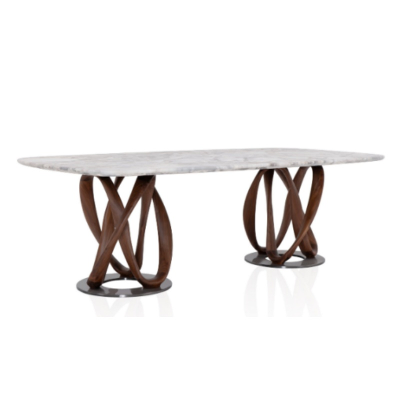 Móvel de Casa Contemporânea Elegante Moderno Estiloso Mesa de Jantar com Estrutura de Madeira e Topo de Mármore