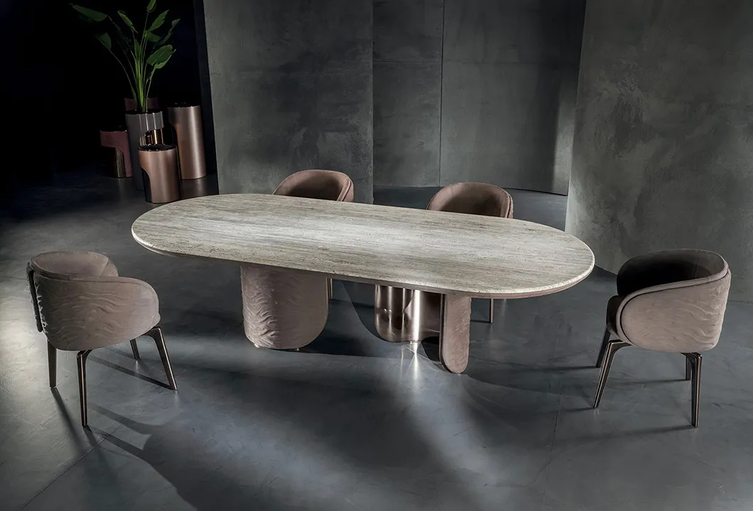 Mesa de Jantar Oval de Mármore Luxuosa com Pedestais Duplos e Pernas de Metal para Decoração de Villa