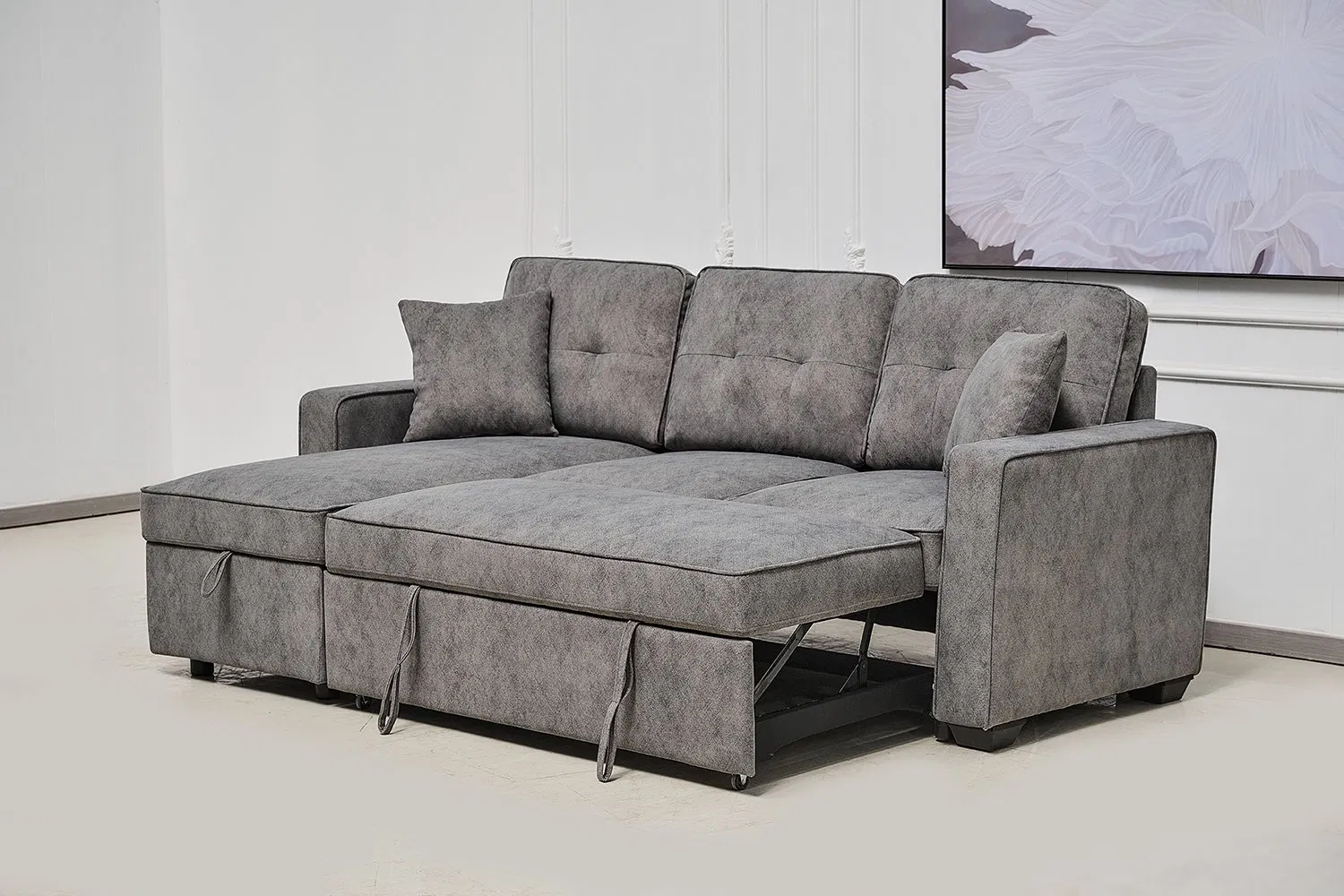 Sofá-cama estofado com chaise de armazenamento, sofá em L