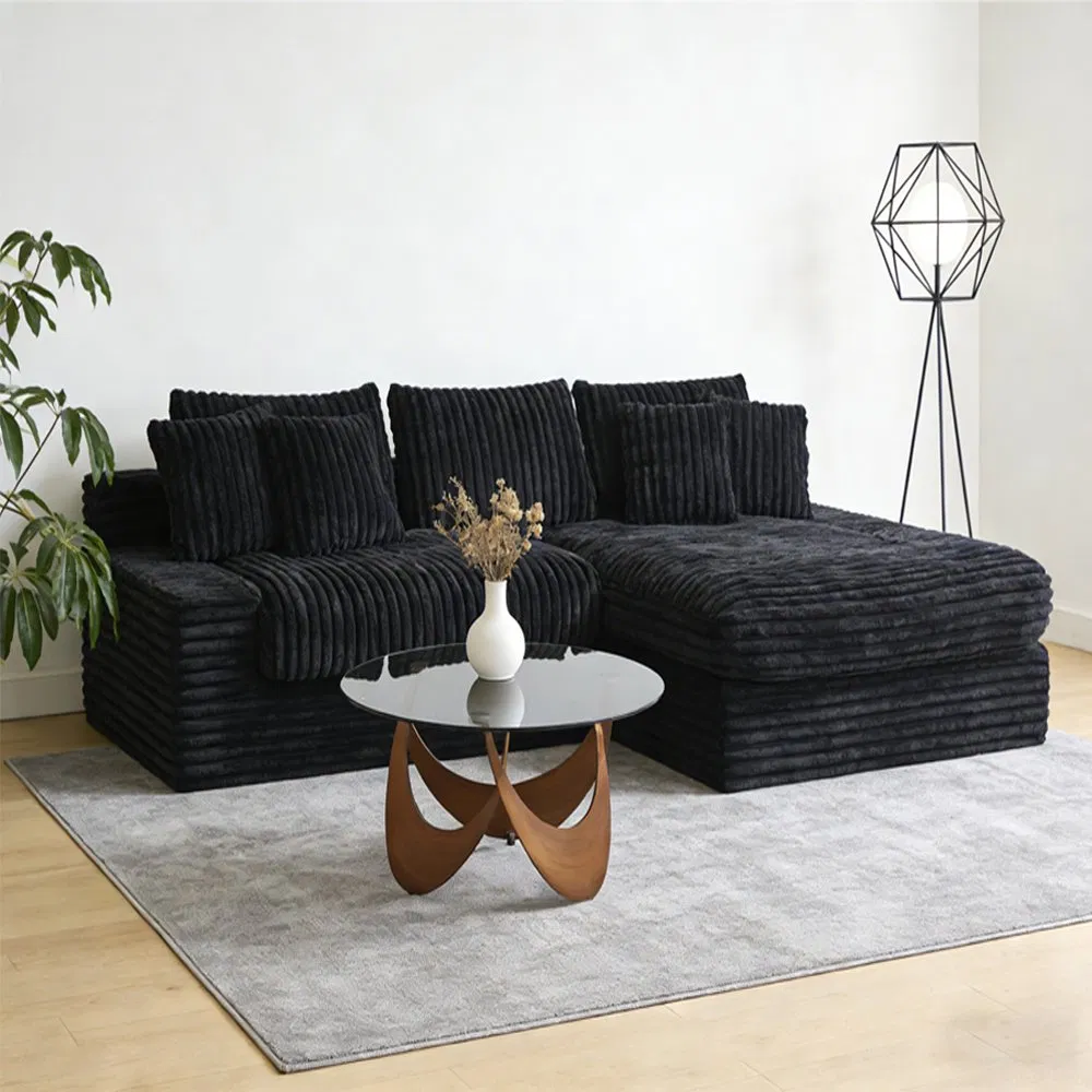 Sofá Comprimido de Tecido Preto Estilo Americano para Sala de Estar Conjunto de Sofá Modular em L Móveis Modernos