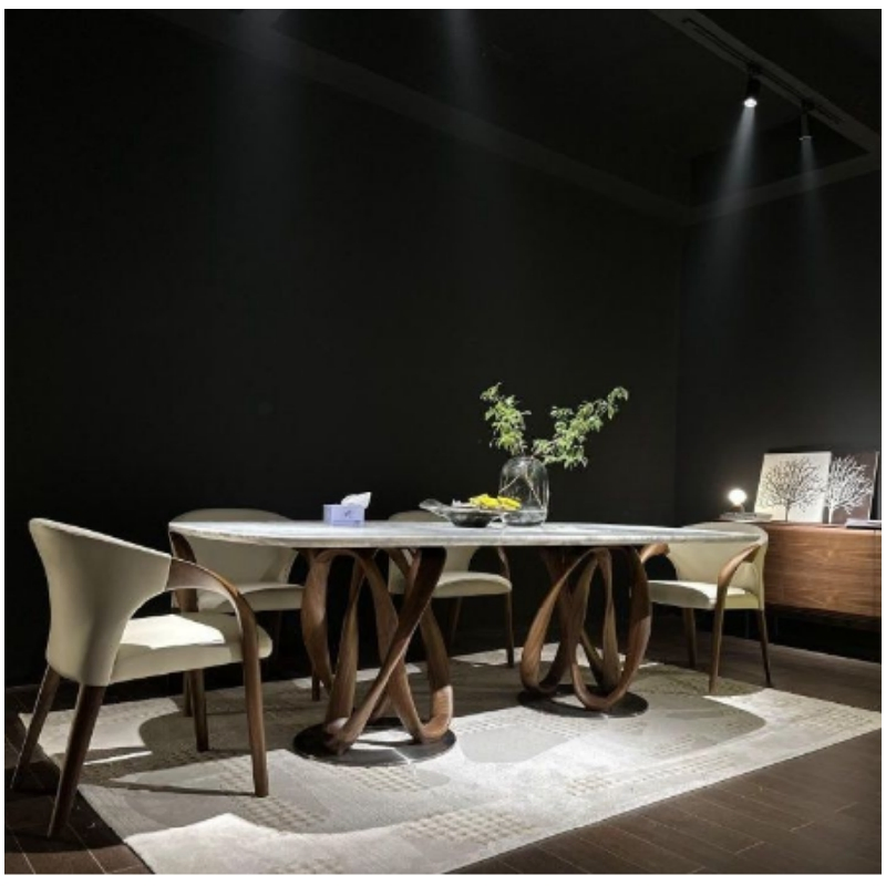 Móvel de Casa Contemporânea Elegante Moderno Estiloso Mesa de Jantar com Estrutura de Madeira e Topo de Mármore