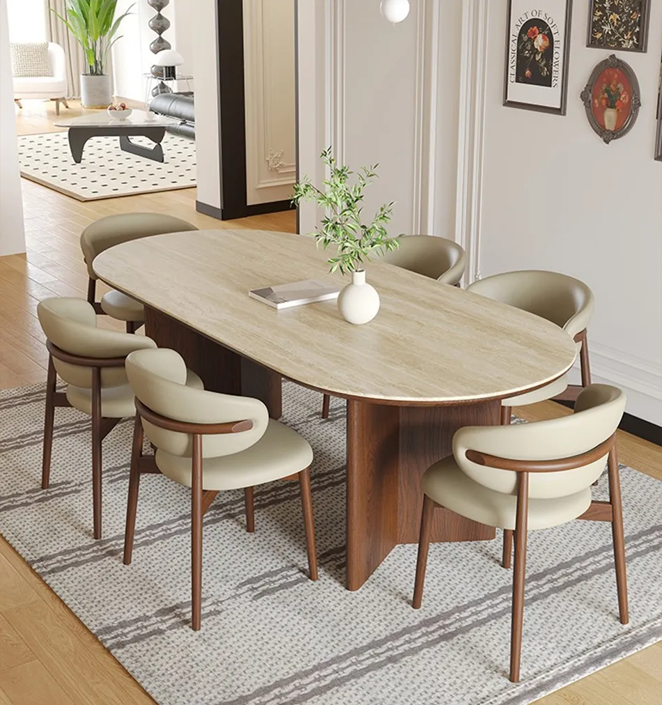 Mesa de Jantar Moderna Escandinava Extensível em Madeira Sólida com Topo de Mármore