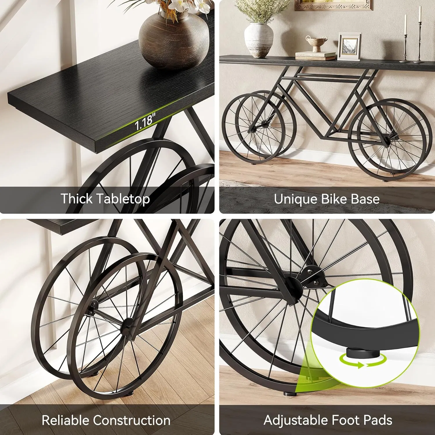 Mesa de Sofá Estreita de Design Preto para Bicicleta 70.9-Inch Mesa de Consola Extra Longa para Entrada