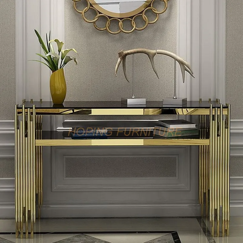 Mesa de console com tampo de mármore e estrutura de aço inoxidável dourado em forma de grama para decoração de corredor de hotel