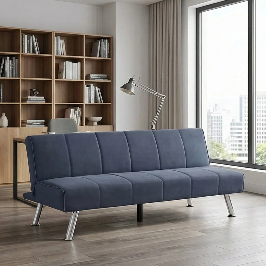 Sofá-cama ajustável com encosto médio que economiza espaço para uso doméstico