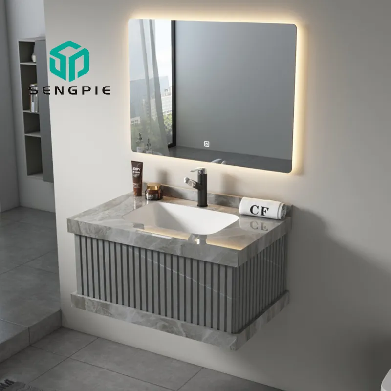 Vanidade de banheiro moderna de luxo com pias duplas, design individual, gabinete em pedra sinterizada com espelho