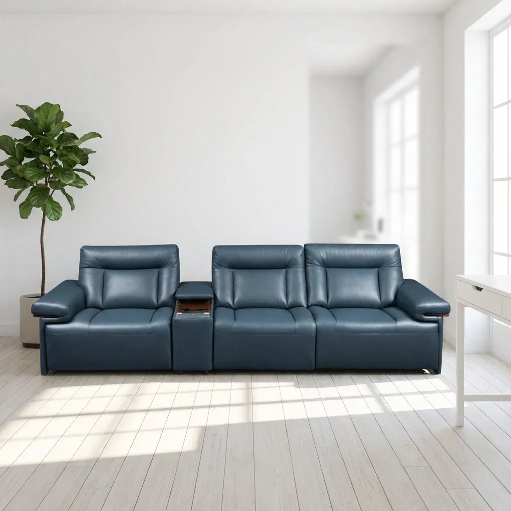 Sofá Recliner Elétrico de Couro Genuíno Contemporâneo 3 Lugares com Armazenamento no Console Ajustável por Energia para Sala de Estar Grande