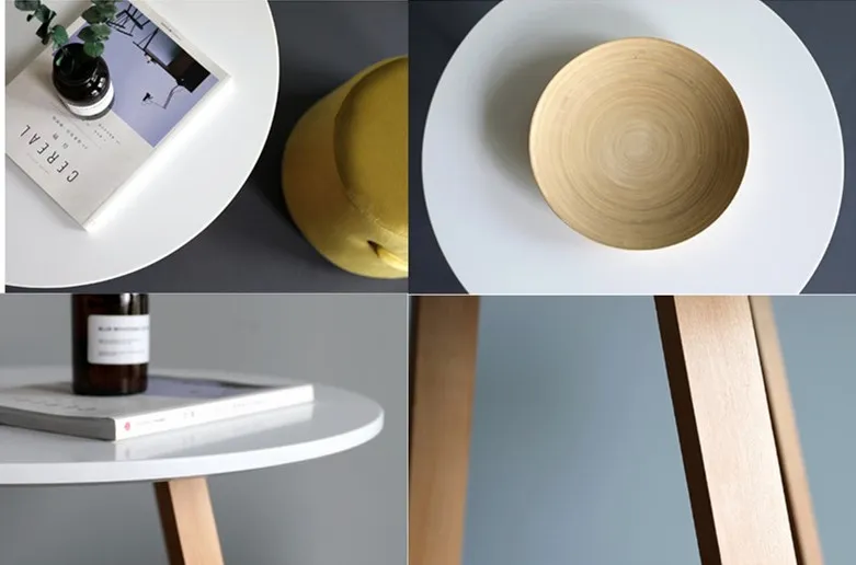 Mesa de café, chá, lateral, de cabeceira, redonda, pequena, branca, moderna, escandinava, de madeira de faia e MDF, com pernas de madeira maciça, para sala de estar ou varanda