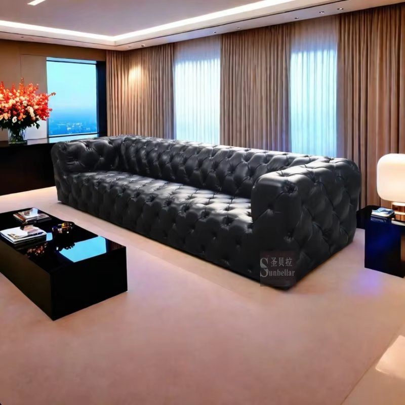 Sofá Chesterfield de Couro Genuíno Personalizado para Sala de Estar, Escritório, Hotel 3 lugares