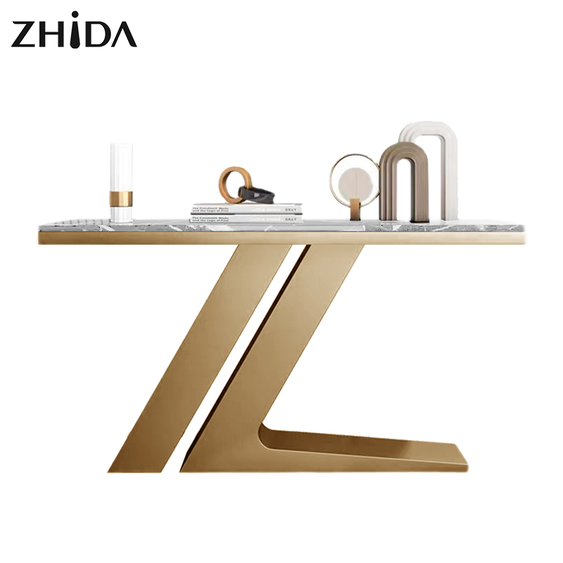 Mesa de Consola com Topo de Mármore e Pernas de Metal para Sala de Estar e Quarto