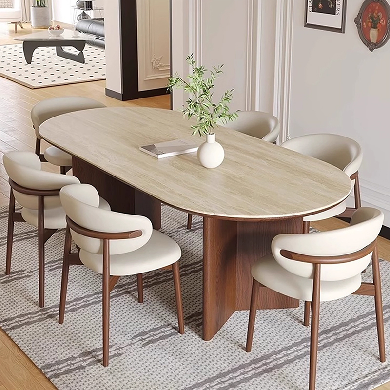 Mesa de Jantar Moderna Escandinava Extensível em Madeira Sólida com Topo de Mármore