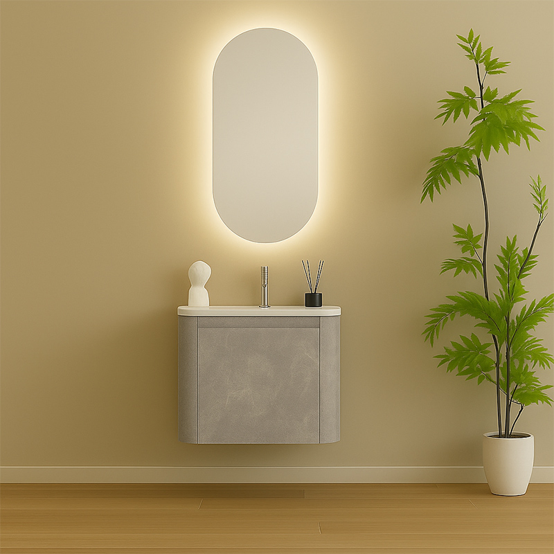 Vanidade de banheiro cinza em PVC com cantos arredondados modernos e espelho oval com LED