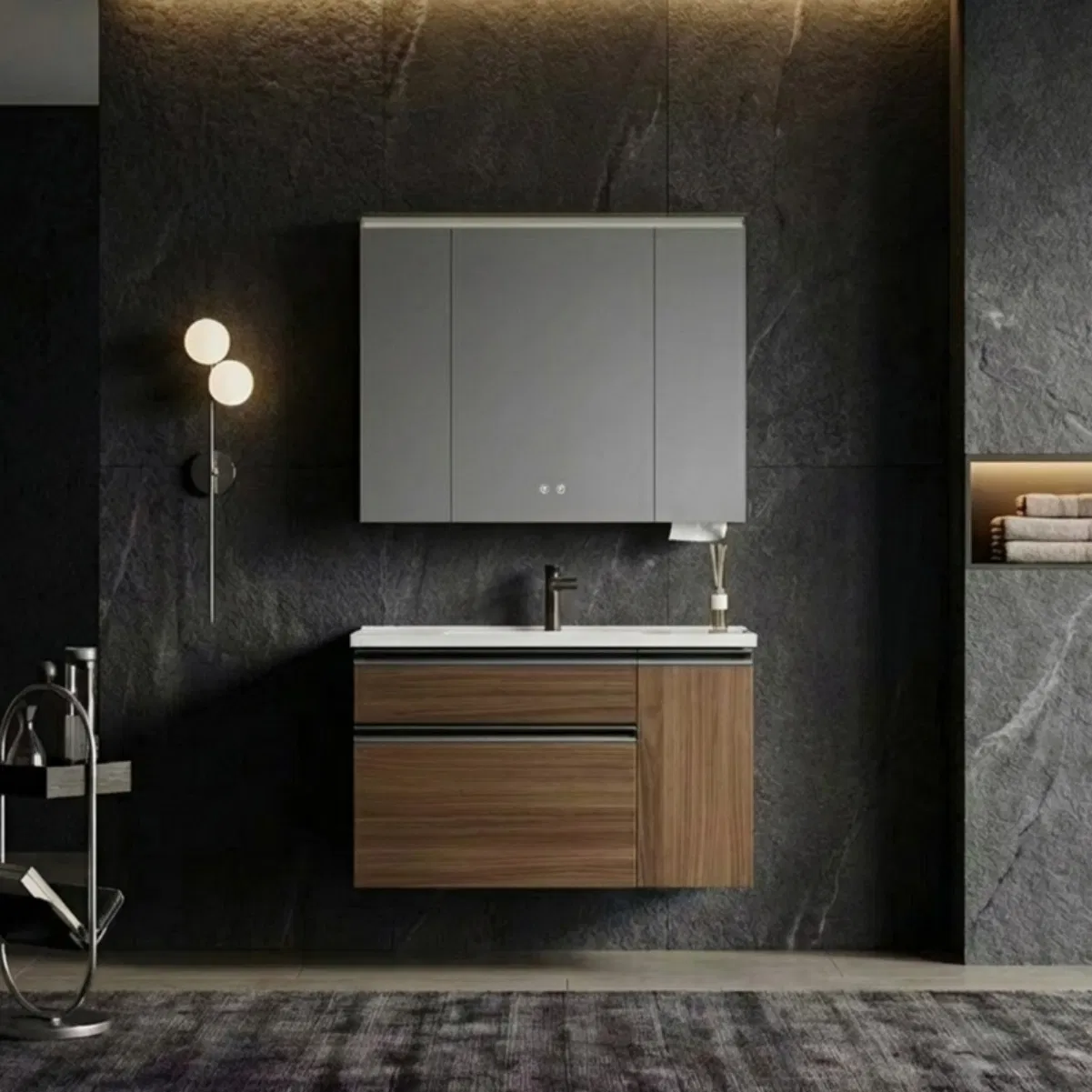 Vanidade de banheiro moderna de luxo estilo italiano montada na parede, venda quente de bacia integrada