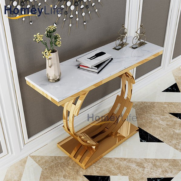 2024 Mesa de Consola Estreita de Mármore Branco com Base de Metal Dourado para Hall de Entrada, Decoração de Casa Moderna de Luxo Italiana em Estilo Nórdico