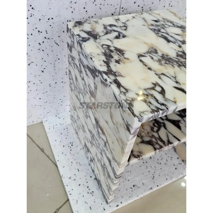 Mesa de Cabeceira de Luxo Starstone em Mármore Calacatta Viola Branca, Mesa Lateral, Plinto