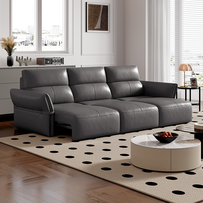 Sofá Cama Chaise Lounge em L de Couro Genuíno Marrom Minimalista com Reclinável