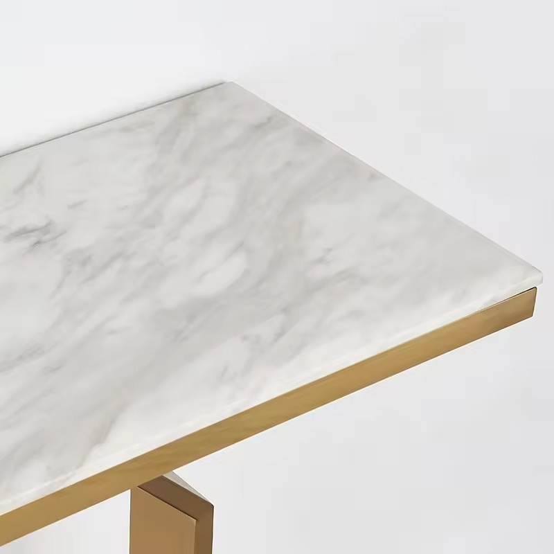 Mesa de Console Longa Grande Quadrada Branca em Mármore Falso com Pernas Altas Douradas para Lobby de Hotel Criativo Minimalista Moderno Italiano de Luxo
