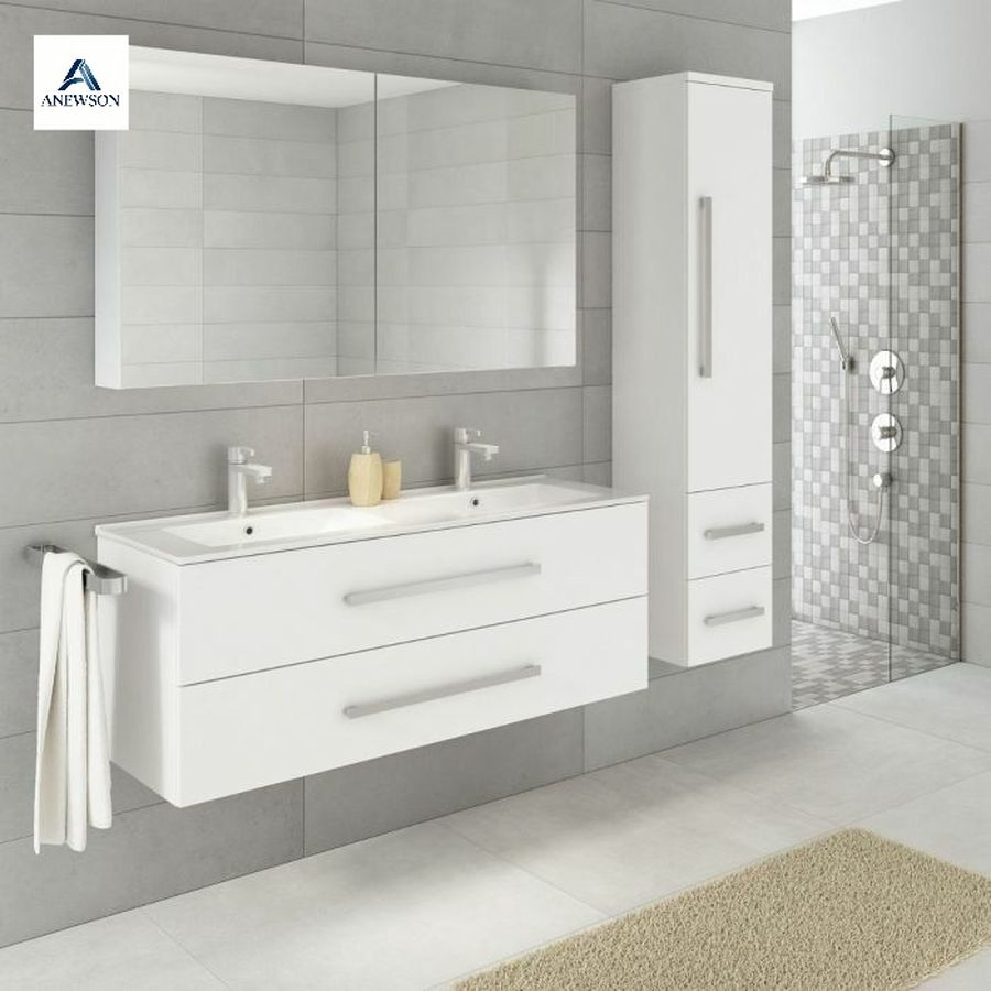 Dobradiça de armário personalizada de fábrica, acabamento fino, economia de espaço, painel espesso, cor personalizada, acabamento laqueado, durável, à prova d'água, design moderno para vaidade