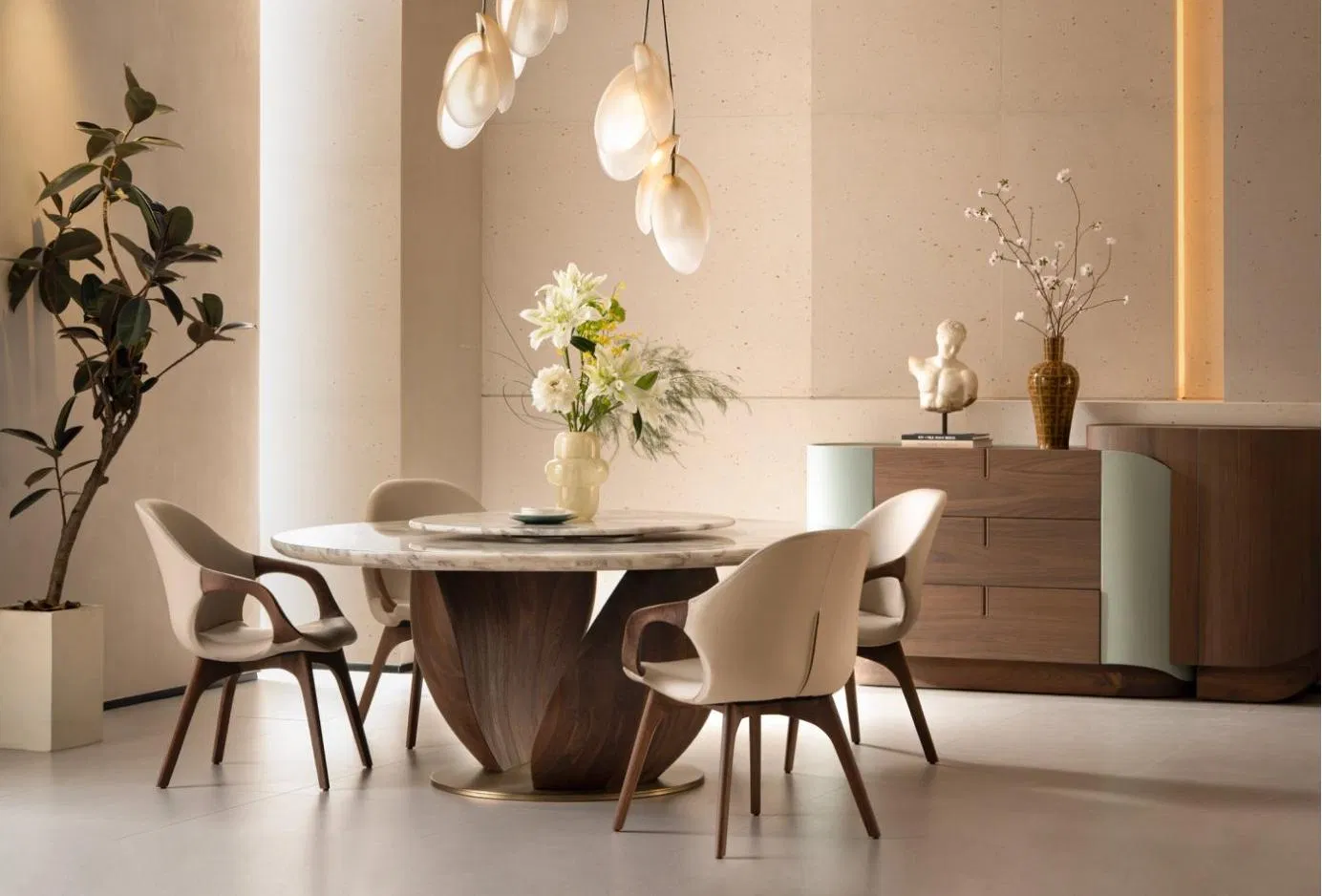 Mesa Redonda de Jantar Moderna em Madeira Sólida Elegante com Mármore Natural de Primavera