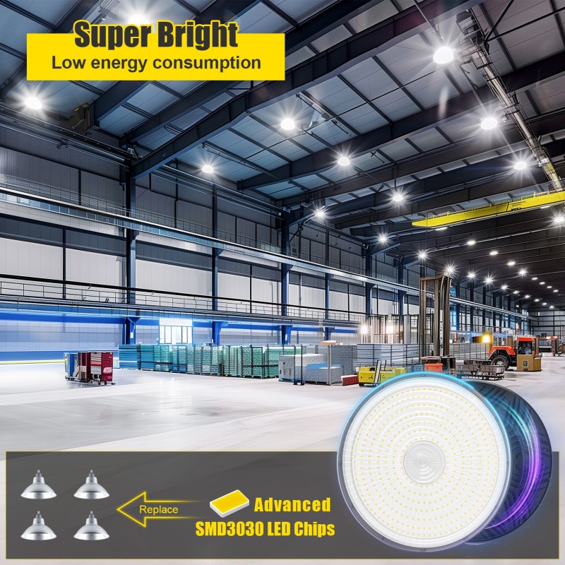 US Warehouse Led UFO Highbay Fixture 150W - 500W 150lm/W Dimmable Industrial Garage Ceiling Lamp High Bay Lighting DLC ETL