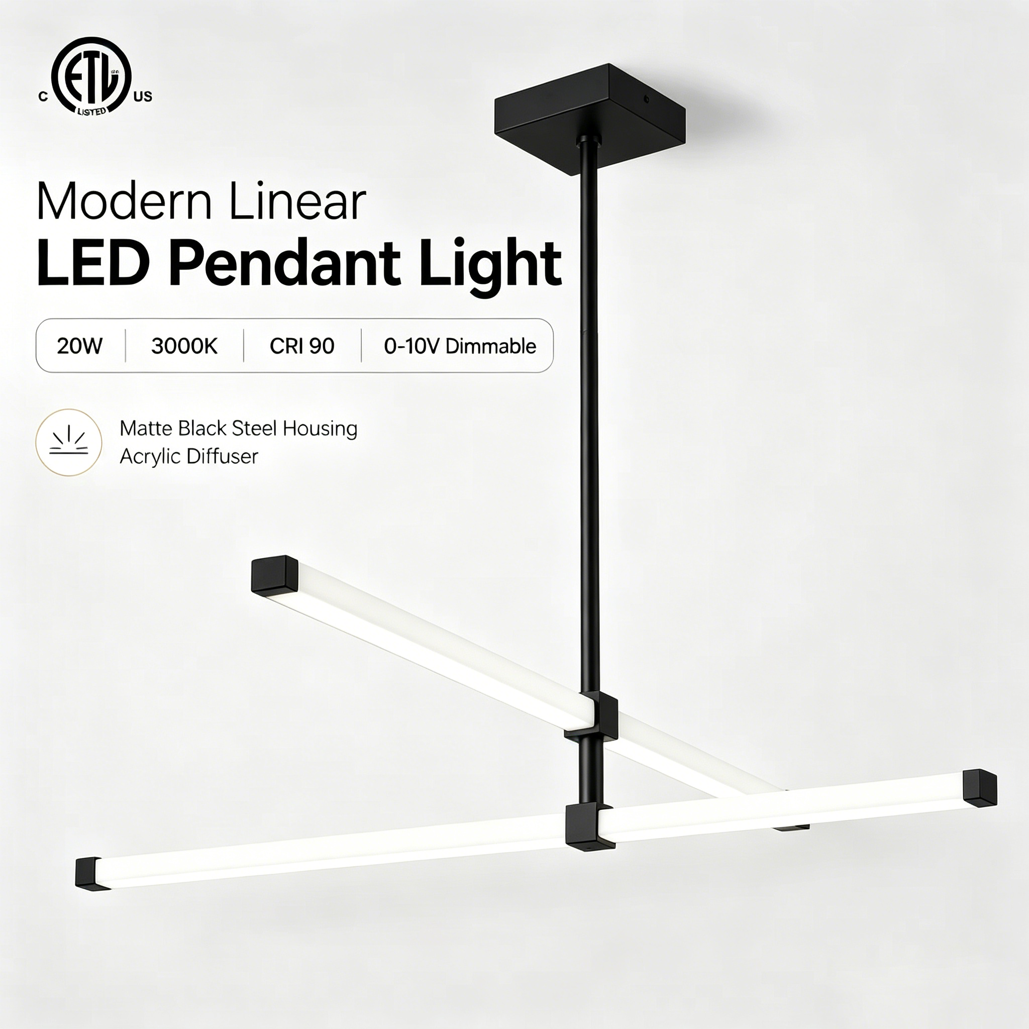 ETL Listed Modern Square Mini Linear LED Pendant Light CRI90 Matte Black Plastic Housing Acrylic Diffuser Remote Control
