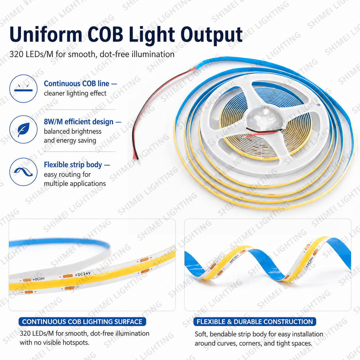 320LEDs/m COB LED Strip Light IP20 Indoor Flexible Dotless LED Tape 3000K 4000K 6500K for Home Cabinet Lighting